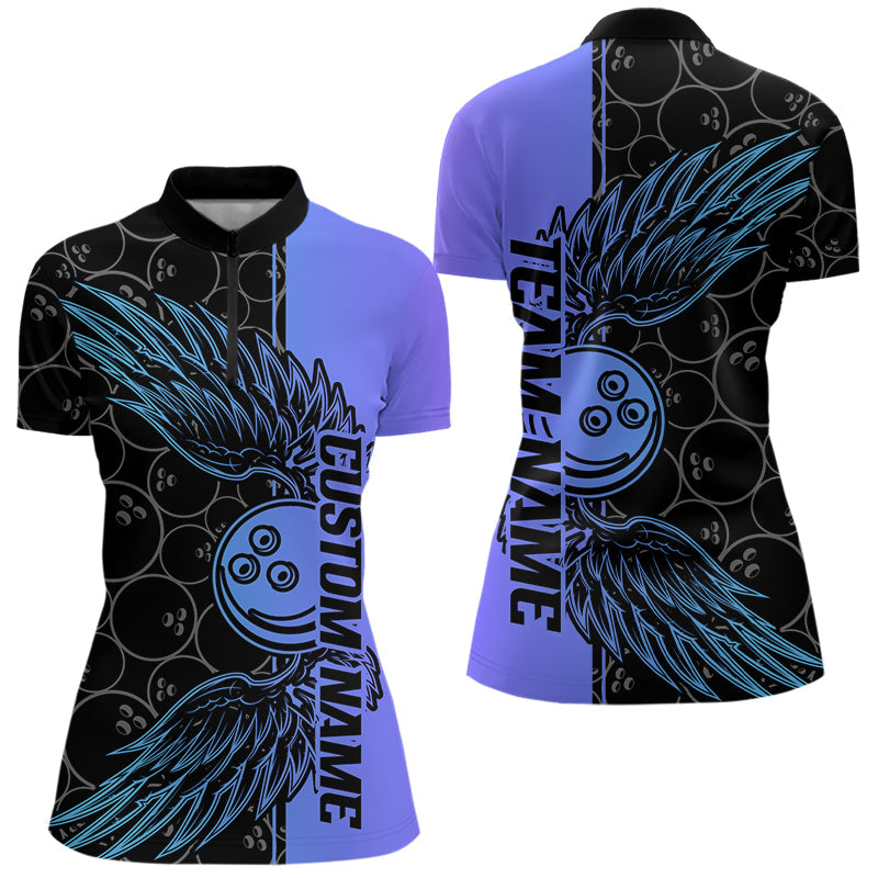 Blue And Purple Custom Bowling Tournament Women Quarter-Zip Shirts, Bowling Ball And Wings IPHW8845