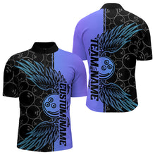 Load image into Gallery viewer, Blue And Purple Custom Bowling Tournament Men Quarter-Zip Shirts, Bowling Ball And Wings Jerseys IPHW8845