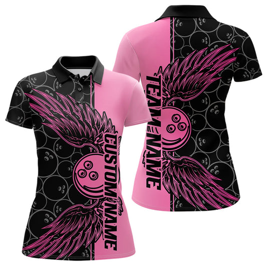 Black And Pink Custom Bowling Tournament Women Polo Shirts, Bowling Ball And Wings Jerseys IPHW8848