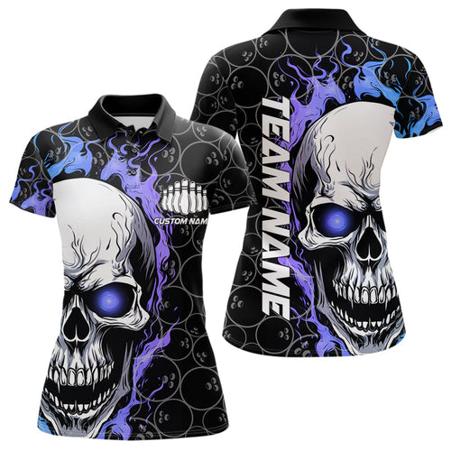 Custom Blue And Purple Flame Skull Bowling Women Polo Shirts, Bowling Team League Shirt IPHW8854