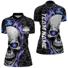 Load image into Gallery viewer, Custom Blue And Purple Flame Skull Bowling Women Quarter-Zip Shirts, Bowling League Shirt IPHW8854