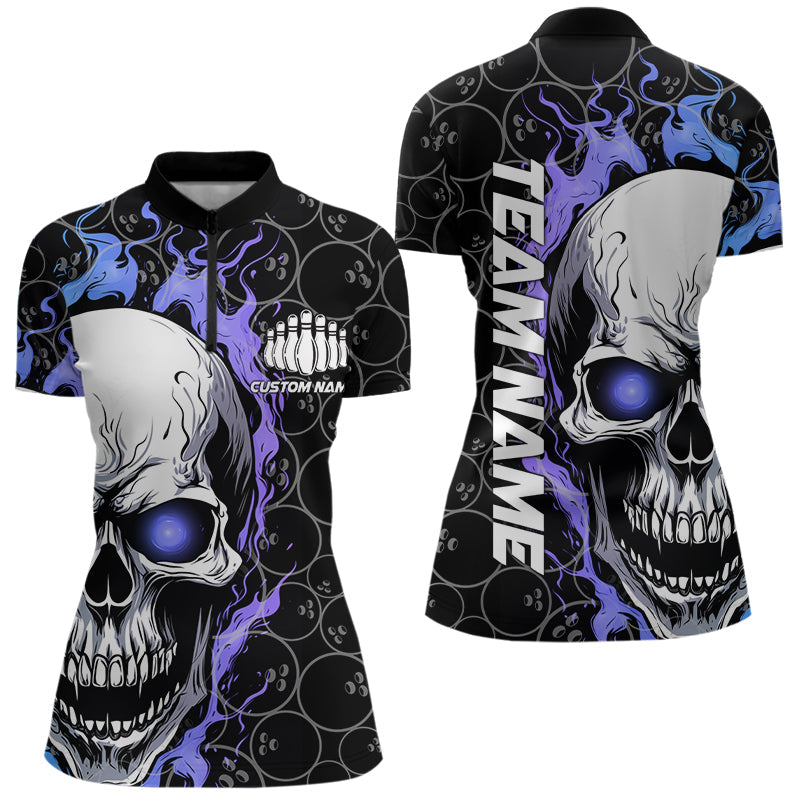 Custom Blue And Purple Flame Skull Bowling Women Quarter-Zip Shirts, Bowling League Shirt IPHW8854