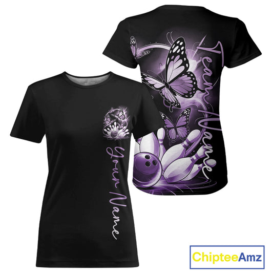 Custom Blue Butterfly Bowling Women T-Shirts With Team Name, Bowling Uniform IPHW10947