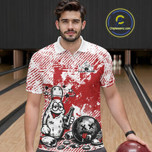 Load image into Gallery viewer, In a bowling lane, male model wearing a red and white polo shirt, humorous drunk cartoon bowling pin holding a beer bottle and bowling ball with grunge-textured background artwork.