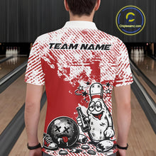 Load image into Gallery viewer, Back view of a male bowler wearing a red and white polo shirt, grunge-style drunk bowling pin illustration holding beer bottle and bowling ball.