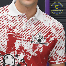 Load image into Gallery viewer, Close-up view of left chest area of a red and white polo shirt, showing small detailed drunk bowling pin graphic with beer bottle and bowling ball.