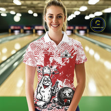 Load image into Gallery viewer, In a bowling lane, female model wearing a red and white polo shirt, humorous drunk cartoon bowling pin holding a beer bottle and bowling ball with grunge-style textured background artwork.