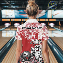 Load image into Gallery viewer, Back view of a female bowler wearing a red and white polo shirt, drunk cartoon bowling pin illustration holding beer bottle and bowling ball with grunge texture design.