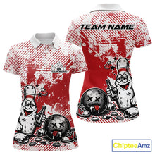 Load image into Gallery viewer, Front and back view of a women’s polo shirt mockup in red and white, featuring drunk cartoon bowling pin holding beer bottle and bowling ball artwork.