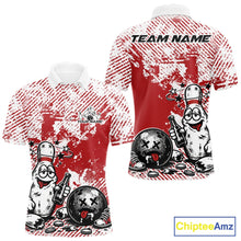 Load image into Gallery viewer, Front and back view of a men’s polo shirt mockup in red and white, featuring drunk cartoon bowling pin holding beer bottle and bowling ball with grunge texture.