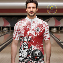 Load image into Gallery viewer, Male model in a bowling lane wearing a red and white quarter-zip shirt, playful drunk bowling pin artwork with beer bottle and bowling ball.