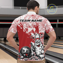 Load image into Gallery viewer, Male model at a bowling lane wearing a red and white quarter-zip shirt, humorous drunk bowling pin illustration holding beer and bowling ball.