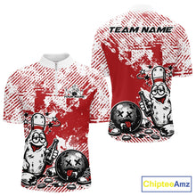 Load image into Gallery viewer, Front and back view of a men’s quarter-zip bowling shirt mockup in red and white, featuring drunk bowling pin holding beer bottle and bowling ball.