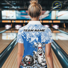 Load image into Gallery viewer, Back view female model wearing blue and white quarter zip bowling shirt in bowling lane, humorous bowling pin beer bottle artwork
