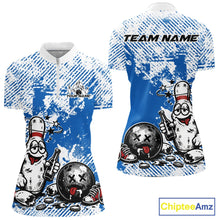 Load image into Gallery viewer, Women’s quarter zip bowling shirt mockup in blue and white, grunge background, funny drunk bowling pin illustration holding beer bottle and bowling ball