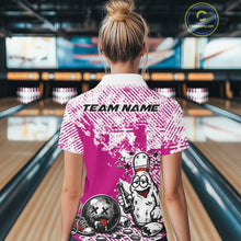 Load image into Gallery viewer, Back view female model wearing pink and white quarter zip bowling shirt in bowling lane, humorous cartoon bowling pin with beer bottle design
