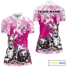 Load image into Gallery viewer, Women’s quarter zip bowling shirt mockup in pink and white, grunge texture background, cartoon drunk bowling pin holding beer bottle and bowling ball