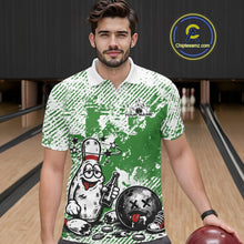 Load image into Gallery viewer, Male model in a bowling lane wearing a green and white polo shirt, humorous drunk bowling pin artwork holding beer bottle and bowling ball.