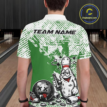 Load image into Gallery viewer, Back view of a male bowler wearing a green and white polo shirt, grunge-textured drunk bowling pin illustration with beer bottle and bowling ball.
