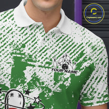 Load image into Gallery viewer, Close-up view of left chest area of a green and white polo shirt, showing detailed small drunk bowling pin graphic holding beer bottle and bowling ball.