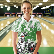 Load image into Gallery viewer, Female model at a bowling lane wearing a green and white polo shirt, funny drunk bowling pin artwork holding beer and bowling ball.