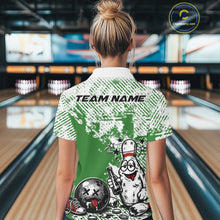 Load image into Gallery viewer, Back view of a female bowler wearing a green and white polo shirt, grunge-style humorous bowling pin illustration with beer bottle and ball.