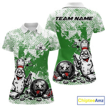 Load image into Gallery viewer, Front and back view of a women’s polo shirt mockup in green and white, featuring drunk cartoon bowling pin holding beer bottle and bowling ball with grunge effect.