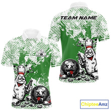Load image into Gallery viewer, Front and back view of a men’s polo shirt mockup in green and white, featuring drunk cartoon bowling pin holding beer bottle and bowling ball with grunge background.