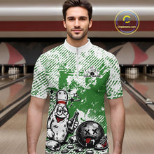 Load image into Gallery viewer, Male model in a bowling lane wearing a green and white quarter-zip shirt, funny drunk bowling pin illustration holding beer bottle and bowling ball.