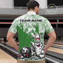 Load image into Gallery viewer, Male model at a bowling lane wearing a green and white quarter-zip shirt, cartoon drunk bowling pin with beer bottle and bowling ball graphic.