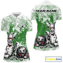 Load image into Gallery viewer, Women’s quarter zip bowling shirt mockup in green and white, grunge background with funny drunk bowling pin holding beer and bowling ball artwork