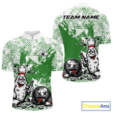 Load image into Gallery viewer, Front and back view of a men’s quarter-zip bowling shirt mockup in green and white, featuring drunk cartoon bowling pin with beer and ball design.
