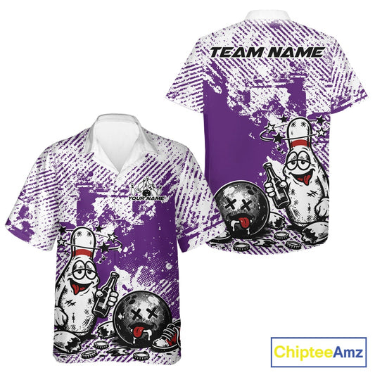 Front and back view of a button-up bowling shirt mockup in purple and white, featuring drunk cartoon bowling pin holding beer bottle and bowling ball with grunge texture.