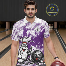 Load image into Gallery viewer, Male model in a bowling lane wearing a purple and white polo shirt, humorous drunk bowling pin illustration holding beer bottle and bowling ball.