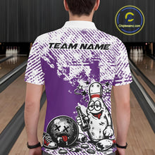 Load image into Gallery viewer, Back view of a male bowler wearing a purple and white polo shirt, grunge-style drunk cartoon bowling pin artwork with beer bottle and bowling ball.