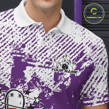 Load image into Gallery viewer, Close-up view of left chest area of a purple and white polo shirt, showing small-scale drunk bowling pin graphic holding beer bottle and bowling ball detail.