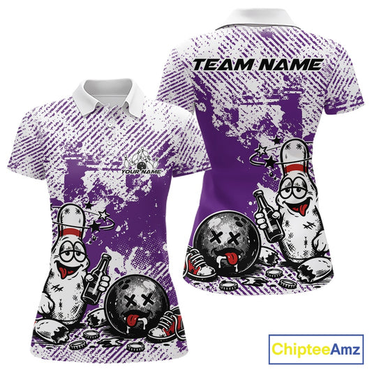 Front and back view of a women’s polo shirt mockup in purple and white, featuring funny drunk cartoon bowling pin holding a beer bottle and bowling ball with grunge texture.