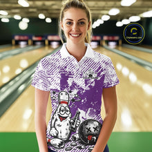 Load image into Gallery viewer, Female model in a bowling lane wearing a purple and white polo shirt, humorous drunk bowling pin artwork holding beer bottle and bowling ball.