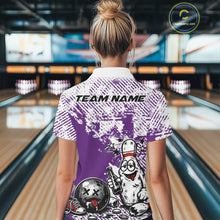Load image into Gallery viewer, Back view of a female model wearing a purple and white bowling polo shirt, grunge-style drunk bowling pin illustration with beer and ball.