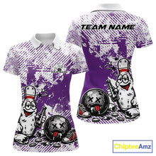 Load image into Gallery viewer, Front and back view of a women’s polo shirt mockup in purple and white, featuring funny drunk cartoon bowling pin holding a beer bottle and bowling ball with grunge texture.