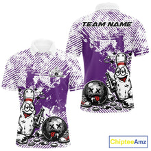 Load image into Gallery viewer, Front and back view of a men’s polo shirt mockup in purple and white, featuring drunk cartoon bowling pin holding beer bottle and bowling ball with grunge texture background.