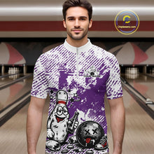 Load image into Gallery viewer, Male model in a bowling lane wearing a purple and white quarter-zip shirt, humorous drunk bowling pin illustration with beer bottle and ball.