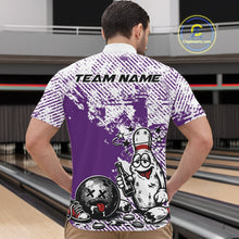Load image into Gallery viewer, Male model at a bowling lane wearing a purple and white quarter-zip shirt, playful drunk bowling pin holding beer bottle and bowling ball artwork.