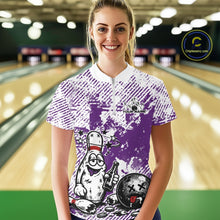 Load image into Gallery viewer, Female model wearing purple and white bowling quarter zip in bowling lane, humorous drunk bowling pin graphic with beer bottle, sporty promotional lighting