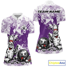 Load image into Gallery viewer, Women’s quarter zip bowling shirt mockup in purple and white, featuring funny cartoon bowling pin holding beer and bowling ball, grunge textured background