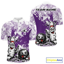 Load image into Gallery viewer, Front and back view of a men’s quarter-zip bowling shirt mockup in purple and white, featuring drunk cartoon bowling pin holding beer and bowling ball.