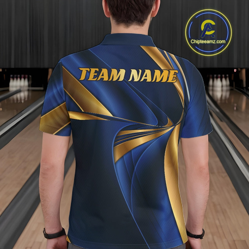 Custom Blue And Gold Men Polo Bowling Team Shirt, Bowling League Shirt IPHW11612