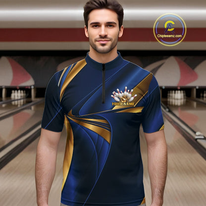 Custom Blue And Gold Men Quarter Zip Bowling Team Shirt, Bowling League Shirt IPHW11612