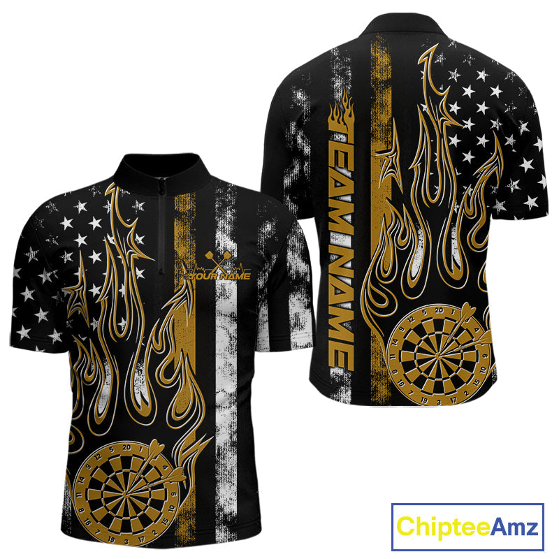 Custom Yellow Thin Line US Flag Patriotic Flame Dartboard Dart Men Quarter-Zip Shirt, Dart Jersey IPHW9643