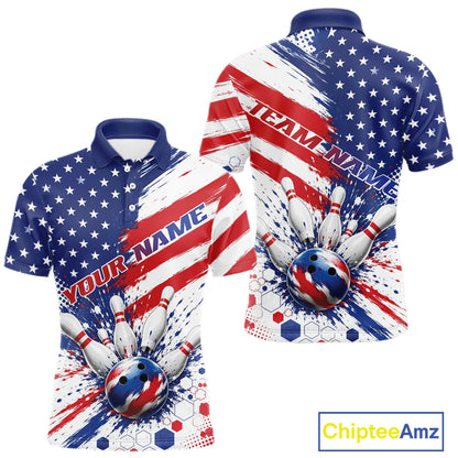 Custom Patriotic American Bowling Men Polo Shirt, US Flag Splatter Bowling Jersey IPHW11844